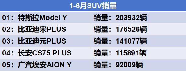 1-6月SUV销量盘点！销冠Model Y，亚军是比亚迪，前五仅一款油车