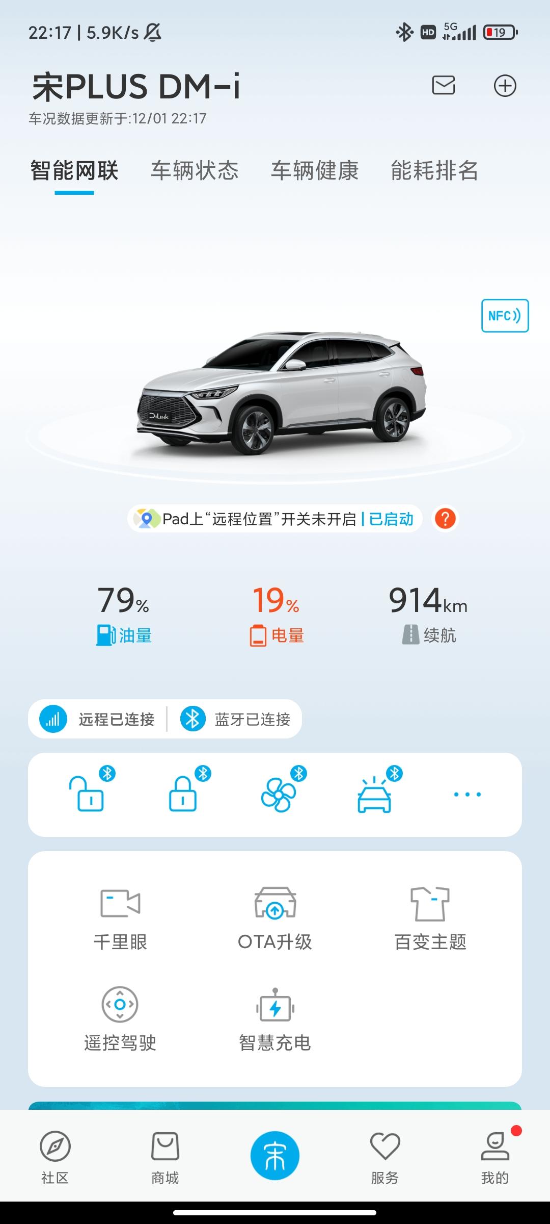比亚迪宋PLUS DM-i 110km版本，SOC 70%，智能保电，车机和APP都显示剩余电量19%，但是仪表盘显示电