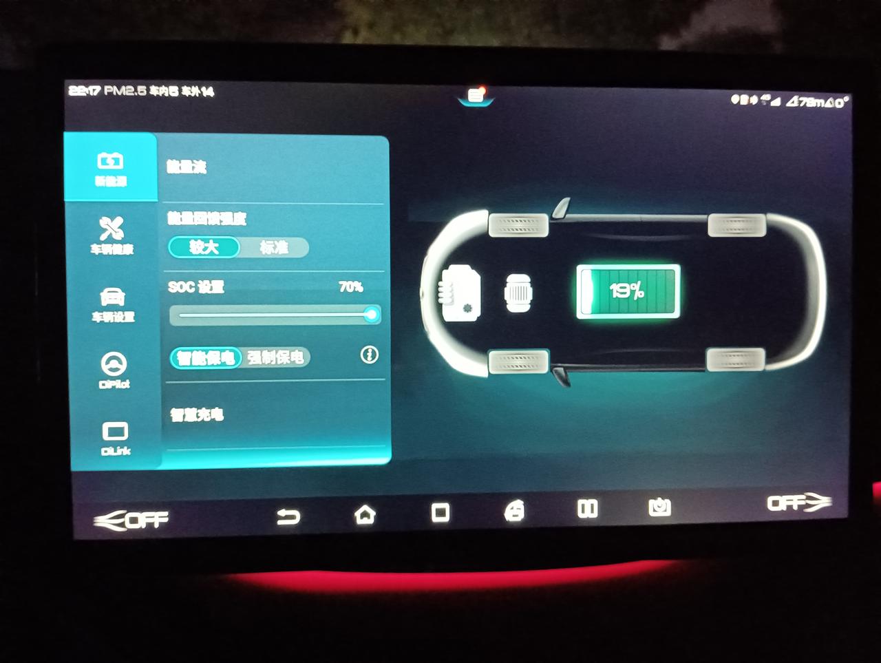 比亚迪宋PLUS DM-i 110km版本，SOC 70%，智能保电，车机和APP都显示剩余电量19%，但是仪表盘显示电