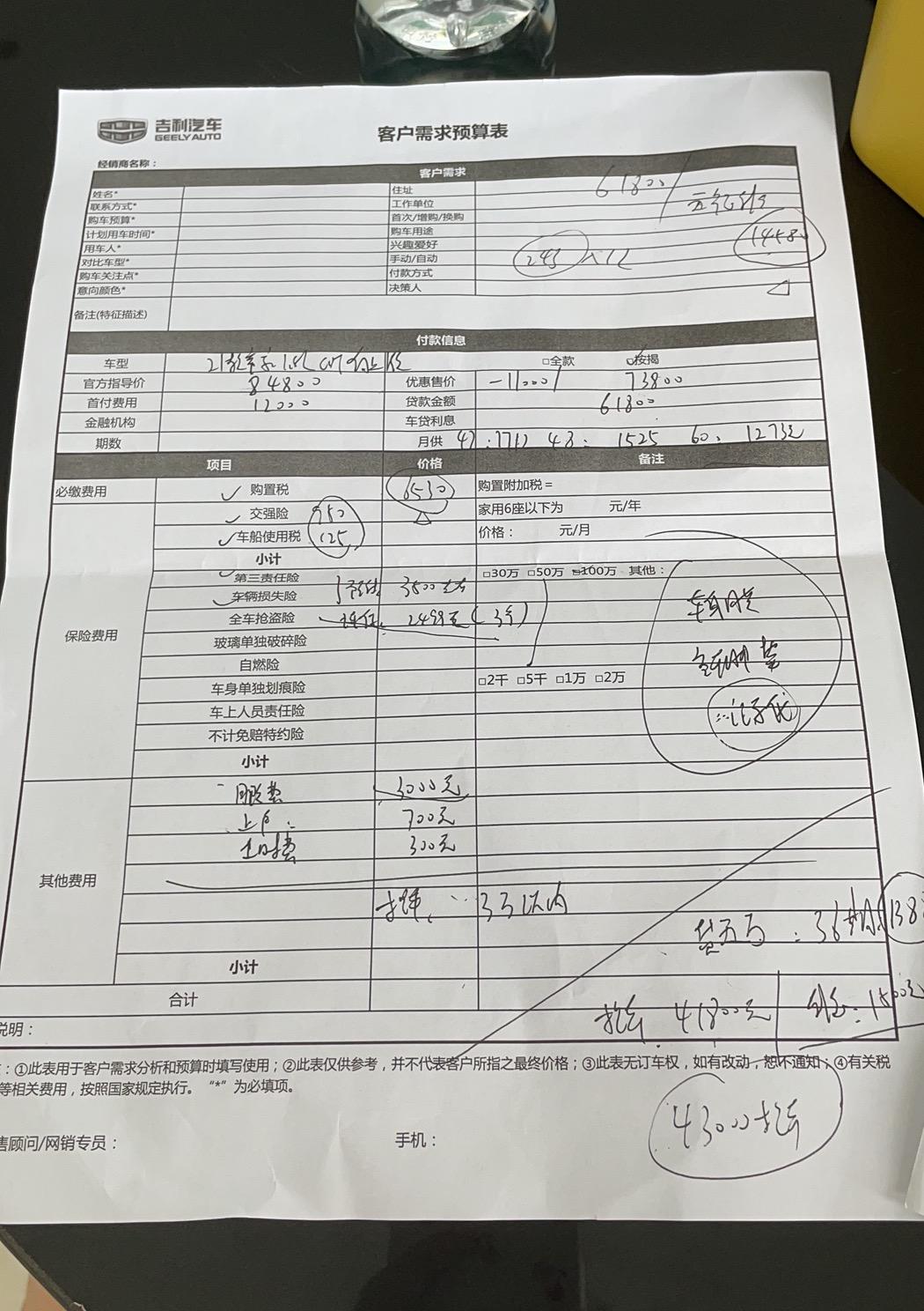 大家好 我想问一下各位 吉利帝豪2021up1.5l cvt向上版落地大概好多钱哇   4s给了一个方案(见图)还可以砍