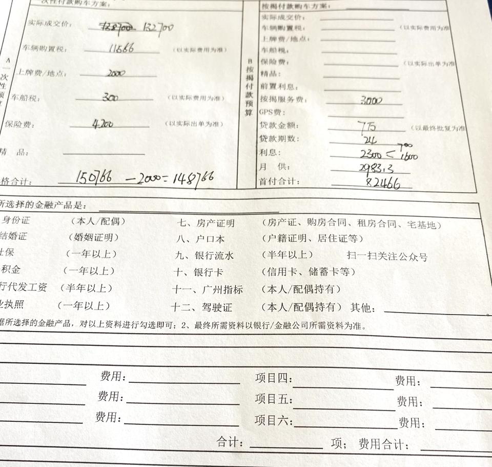 请问尊贵的星瑞车主、广州豪华+148766-上牌费2000-服务费2000=145766+2300利息=148066、这