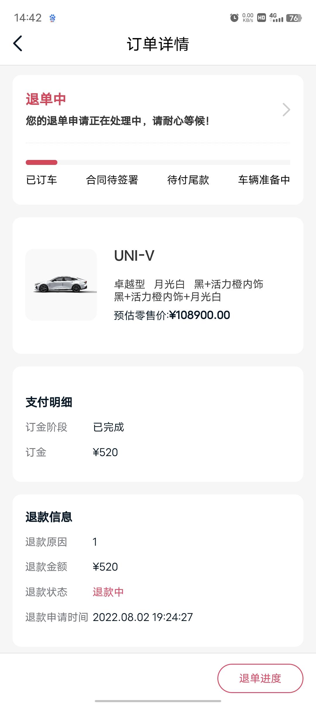 长安UNI-V 退款快申请一个月了，什么时候才能通过呀，还要打电话给当地4s店让他同意才行嘛！