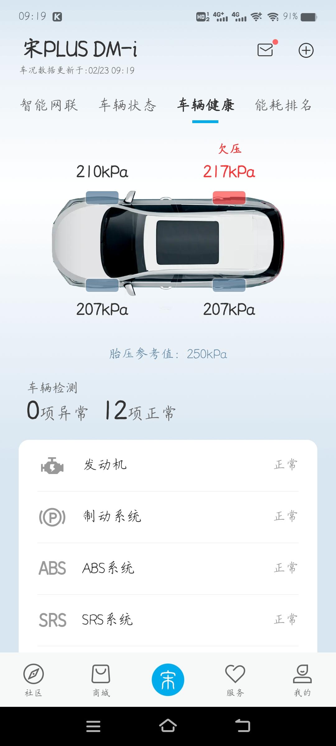 比亚迪宋PLUS DM-i 昨天车胎被扎了，补完胎打完气，为什么车机上和手机上还是一直显示欠压呀，有没有大佬知道怎么消除