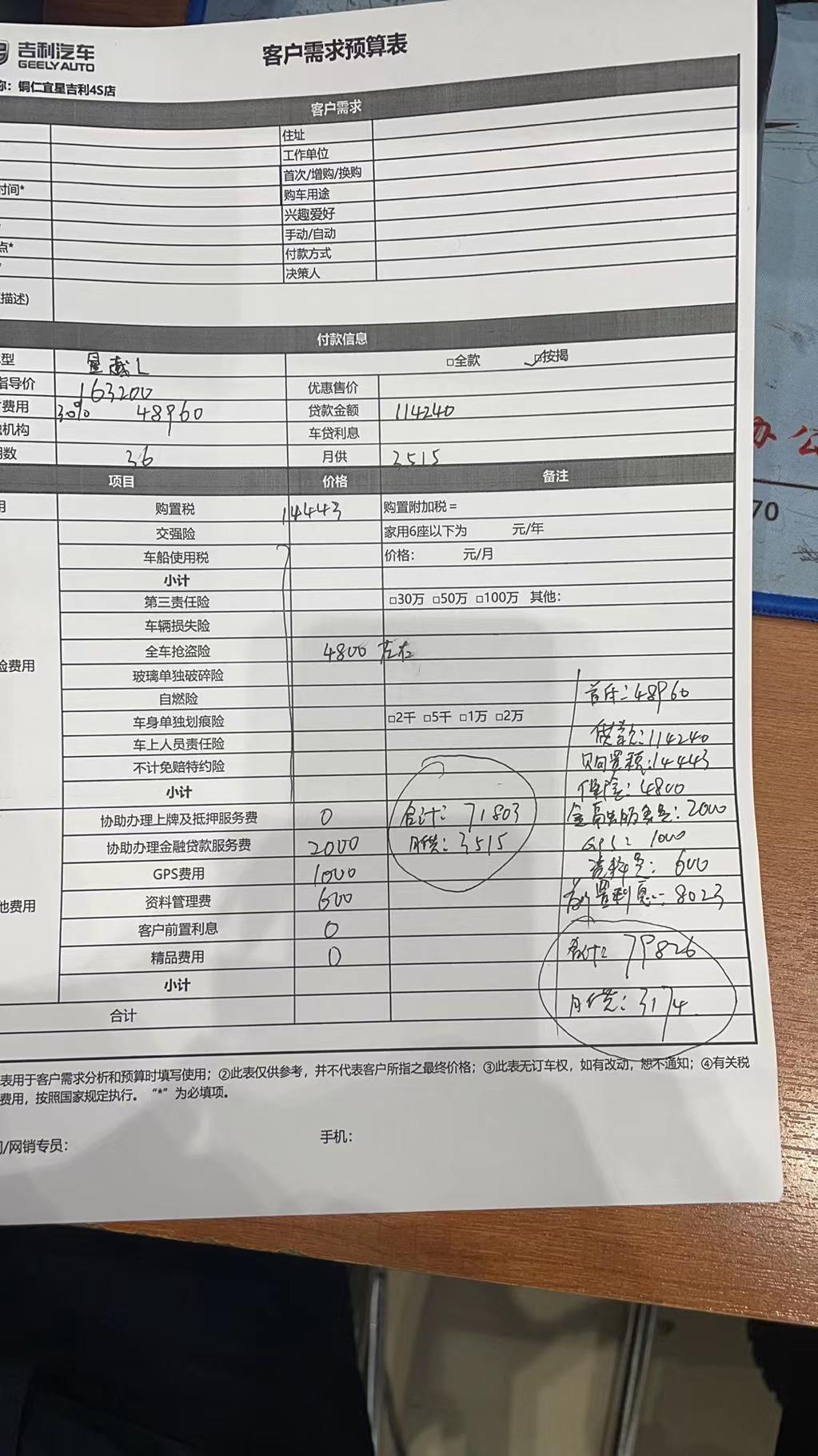 吉利星越L 兄弟们看看这价格合适不，两驱智尊版。