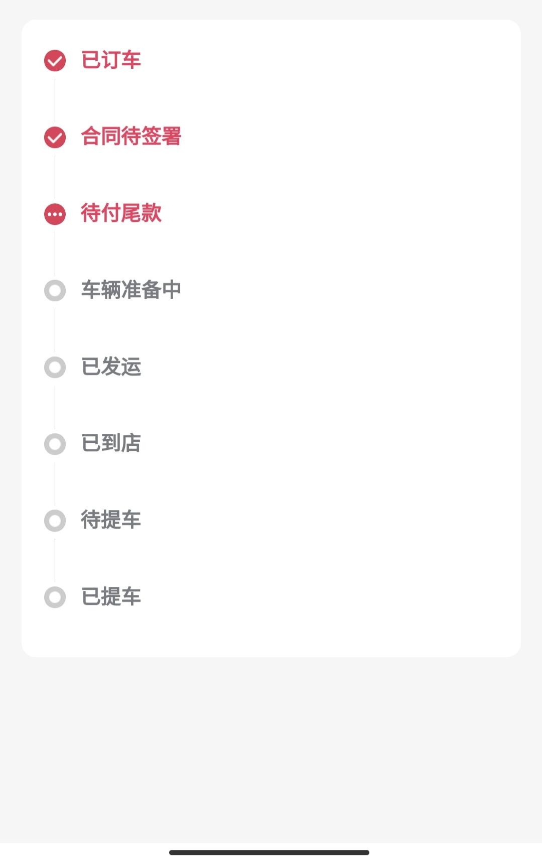 长安UNI-V 在app上订车了，交了定金，因为异地还没和销售签合同，销售说提车的时候一块签了就行。这个进度是要付完尾款