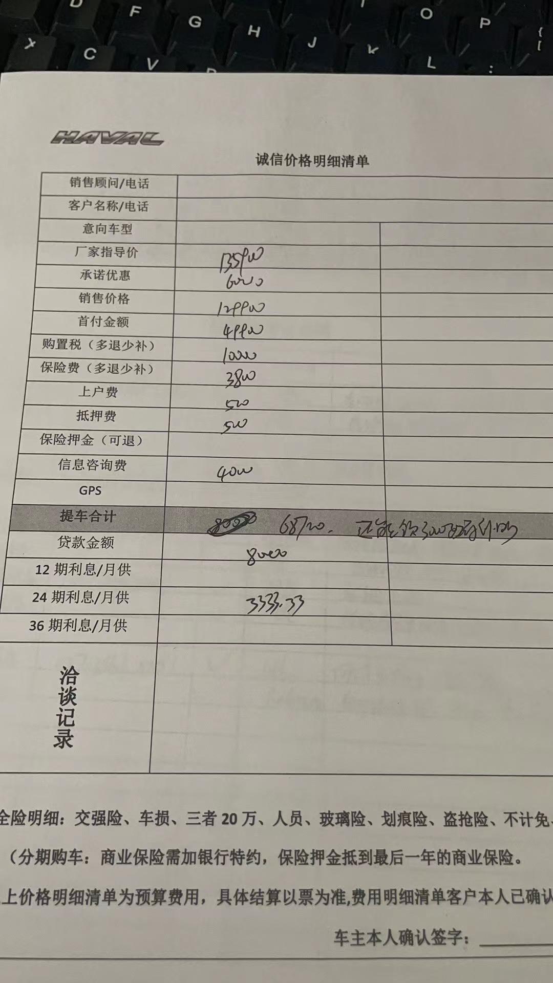 哈弗大狗边牧款，求指导 抵押费和贷款服务费还能砍么，这个价格贵多少？  销售给的价格说是两年0利息；但是要抵押车本，不装