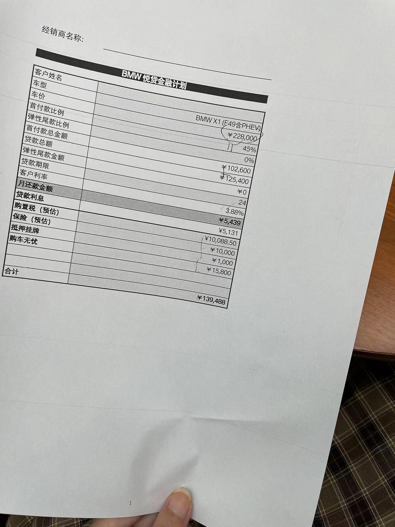 宝马X1 裸车228000，购置税10000，保险10000，终身基础保养+小装潢15800，车牌抵押1000办理白马金