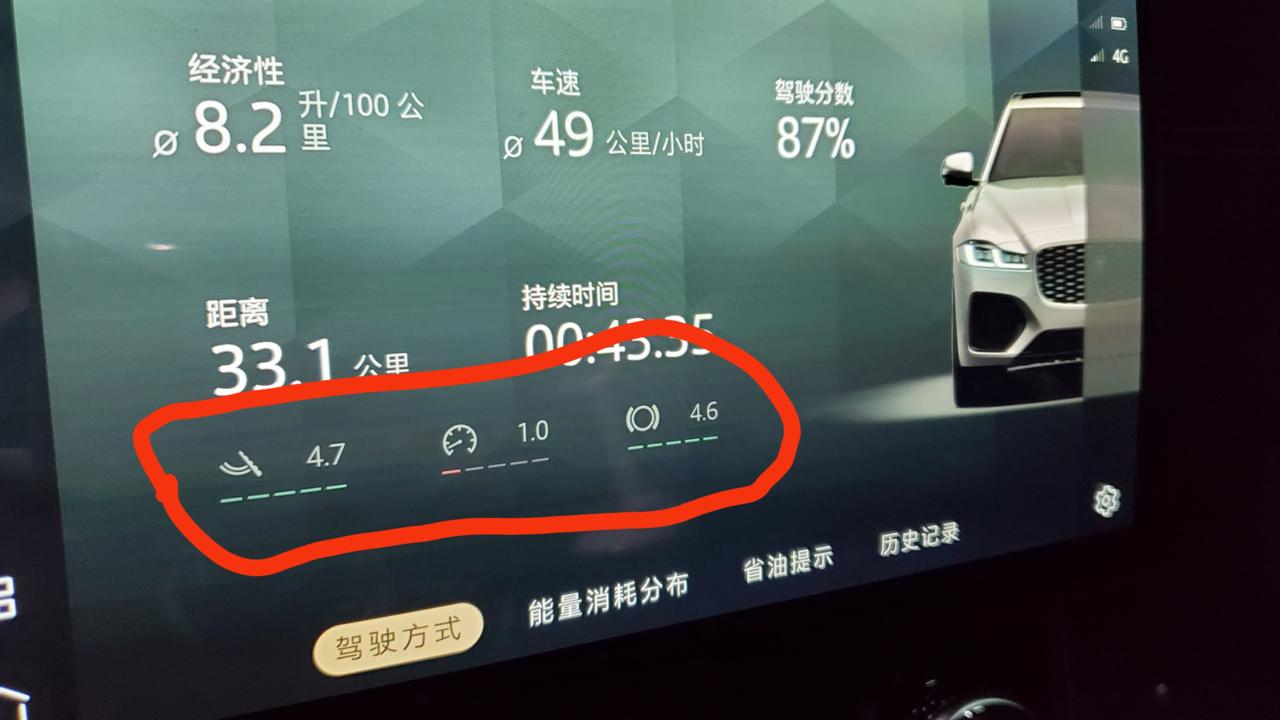 捷豹XFL 车友们，下面这3个图标是什么意思呢？为啥中间的总是1.0呢