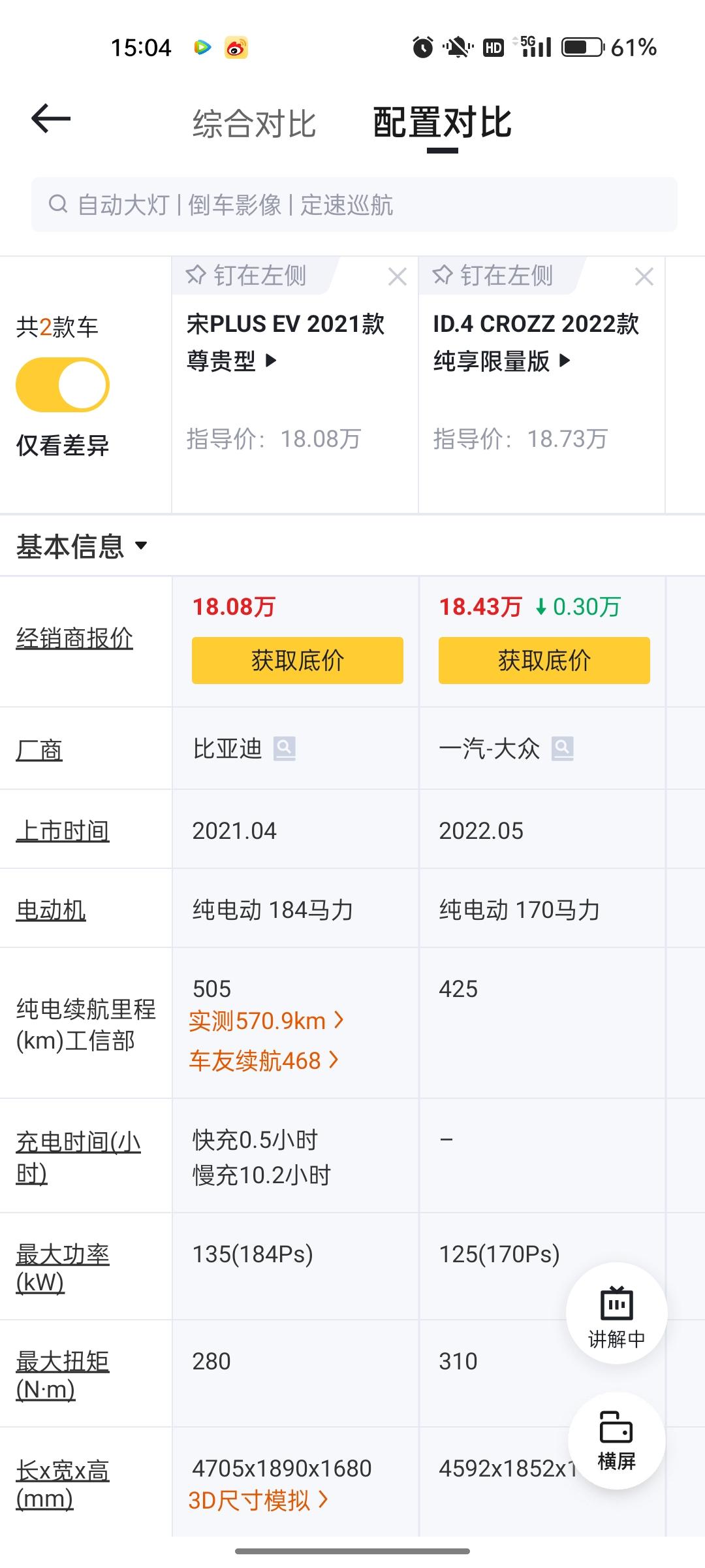 比亚迪宋PLUS EV 大众ID4croxx 和 比亚迪宋plus ev纯电，我该怎么选？家里和单位都有充电条件的。家里
