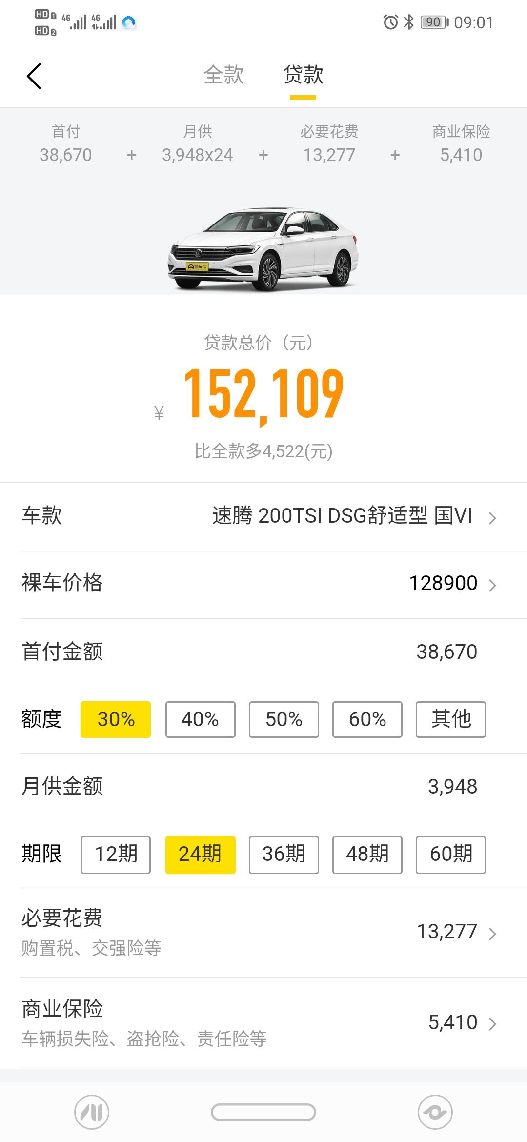 大哥们我问一下这个速腾19款1.2T自动舒适版的分期首付百分之三十加保险购置税什么的一起下来5.8w能不能搞定。各路大神