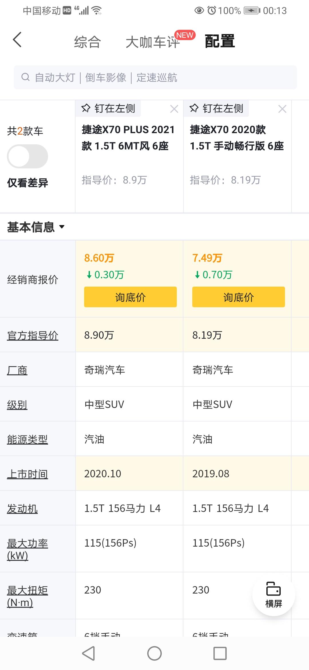 捷途X70 PLUS 2021款1.5T 6MT风6座  和 捷途X70 2020款1.5T 手动畅行版6座比较，哪个质