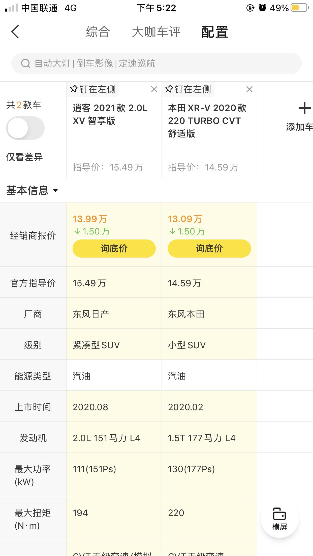 本田XR-V 1.5T舒适版XRV和2.0L智享版逍客该选择哪个？ 纠结？？？