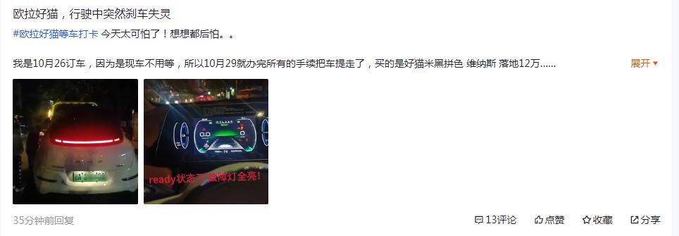 欧拉好猫 订车半个月，不是虚假宣传就是刹车失灵，我已经抚慰自己了，虚假就虚假吧，毕竟老婆只看外观，但这个刹车失灵太可怕了