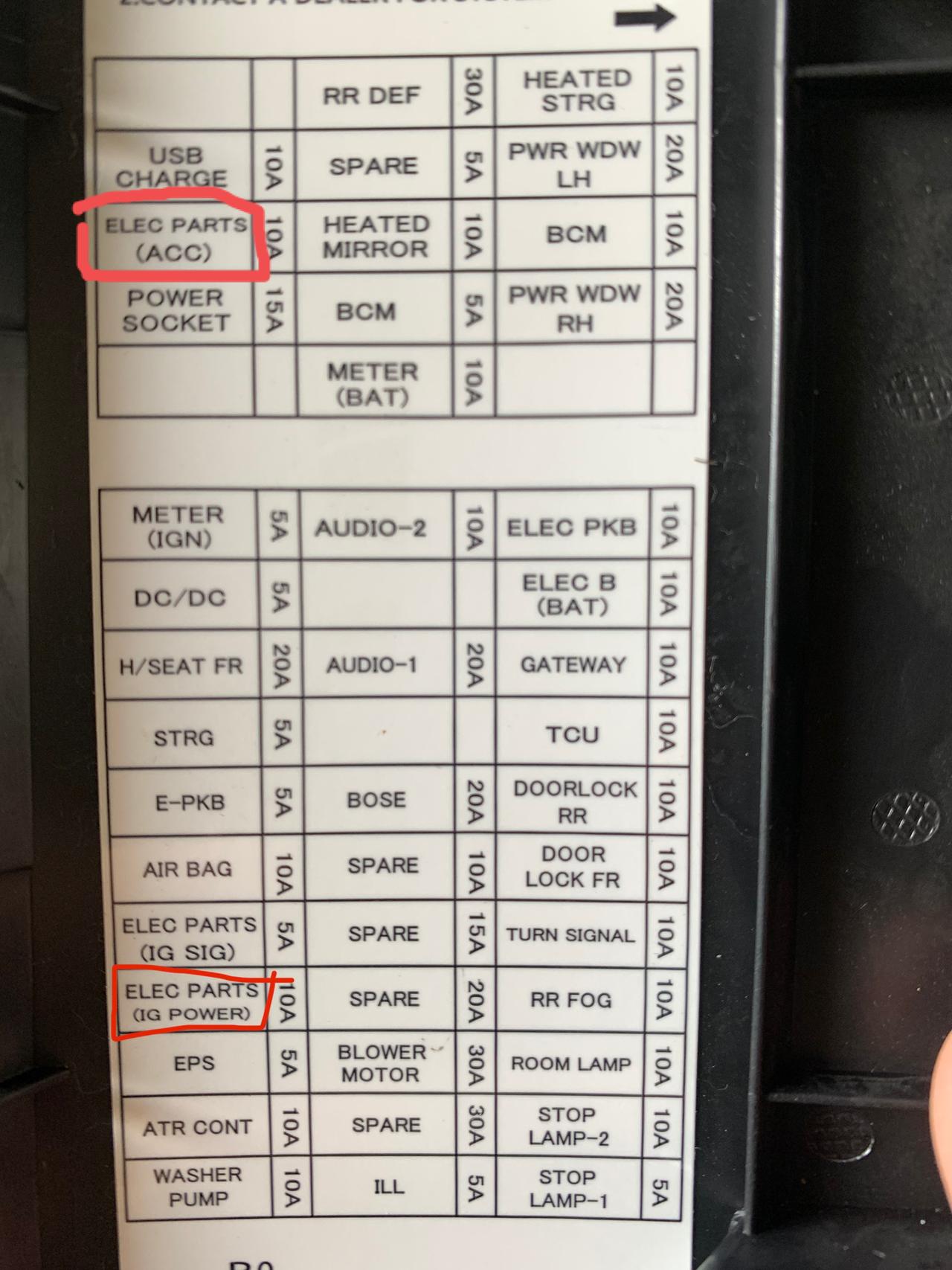 日产天籁 全网求翻译，保险盒的acc熄火了还通电，，解锁 车门也通电，我试了下面那个IG POWER那个要按下启动了键才