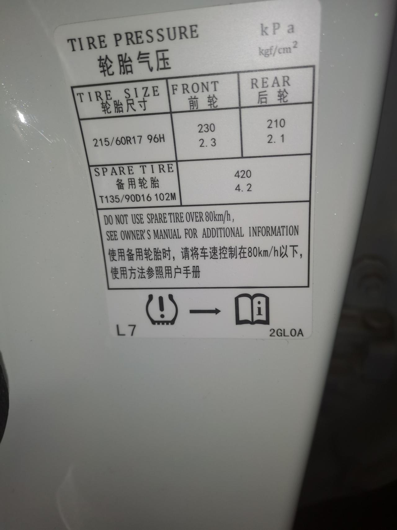 日产轩逸 胎压前排230 后轮210意思吗