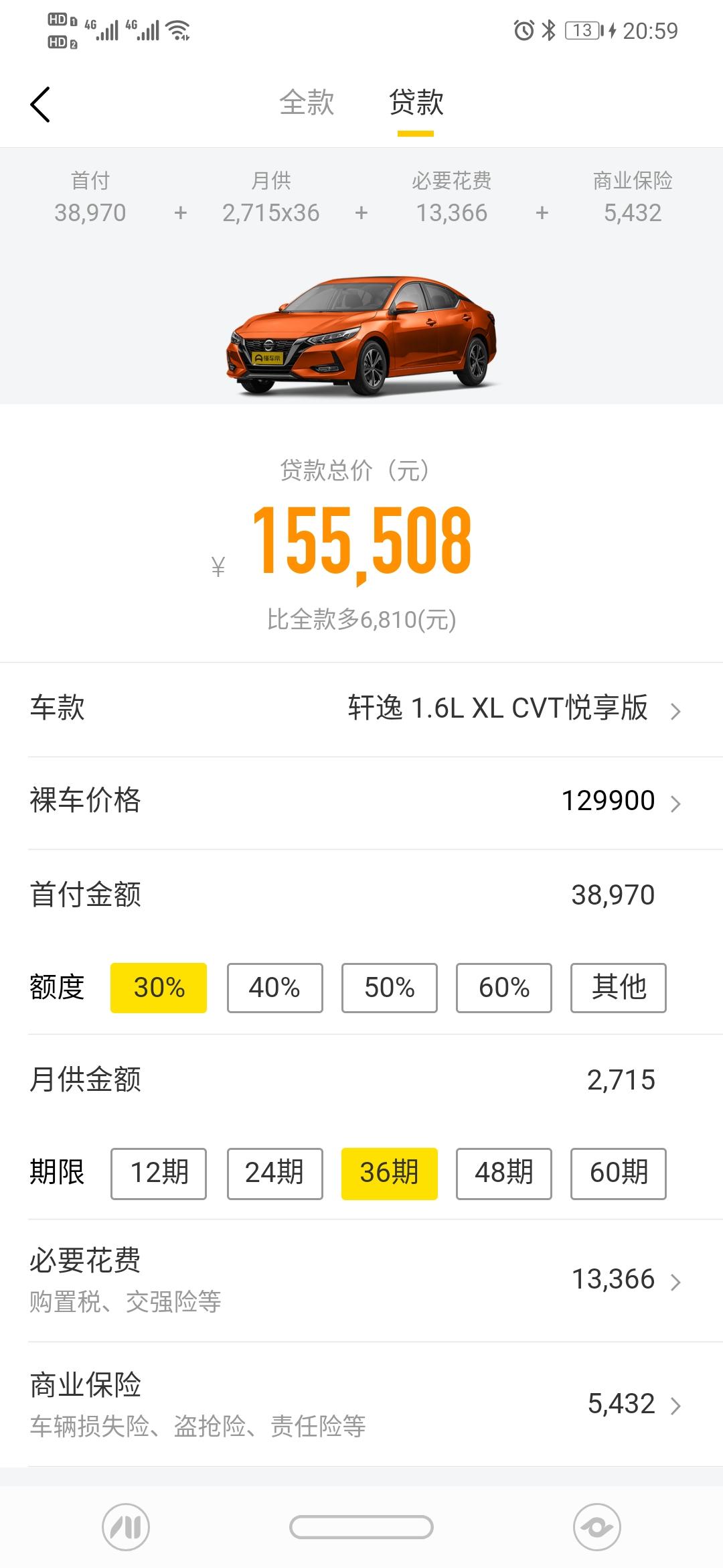 同志们大家好我问一下这个轩逸2020款的悦享版的首付百分之三十加购置税保修什么乱七八糟的下来5.8w能不能搞定，谢谢各位