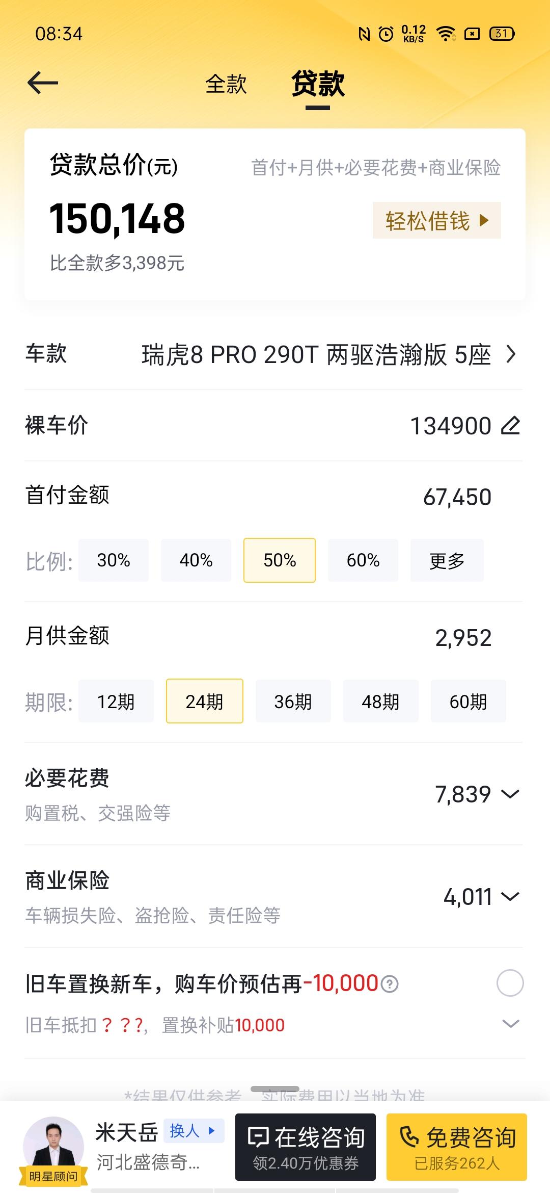 奇瑞瑞虎8 瑞虎八pro浩瀚1.6t五座他这个说比全款多3398不是说分期没利息吗？这个3398是用在哪了？？？？今天1