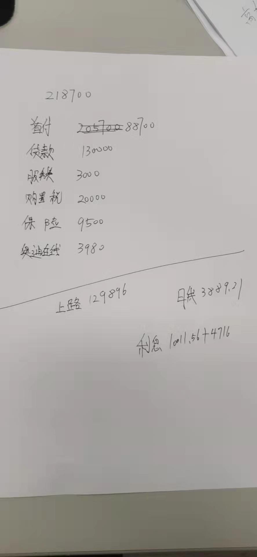 奥迪Q3 裸车218700，首付88700落地255180万（不含利息），贷13万3年利息14716，含利息269896