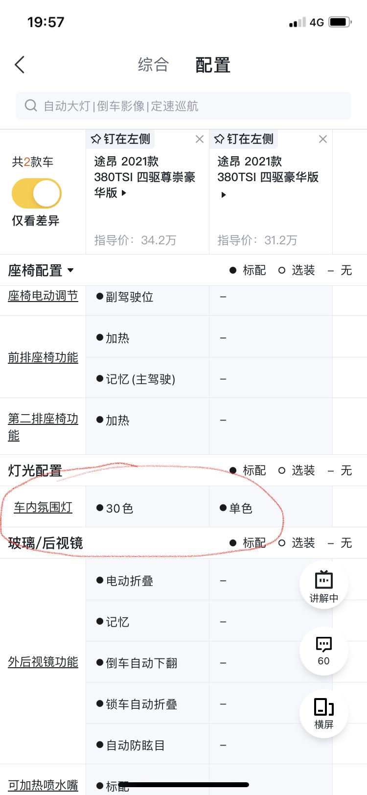 大众途昂 21款豪华的氛围灯怎么不亮呢？看配置是有的，也开了，见下图；不像其他中高配有个灯带亮呢？