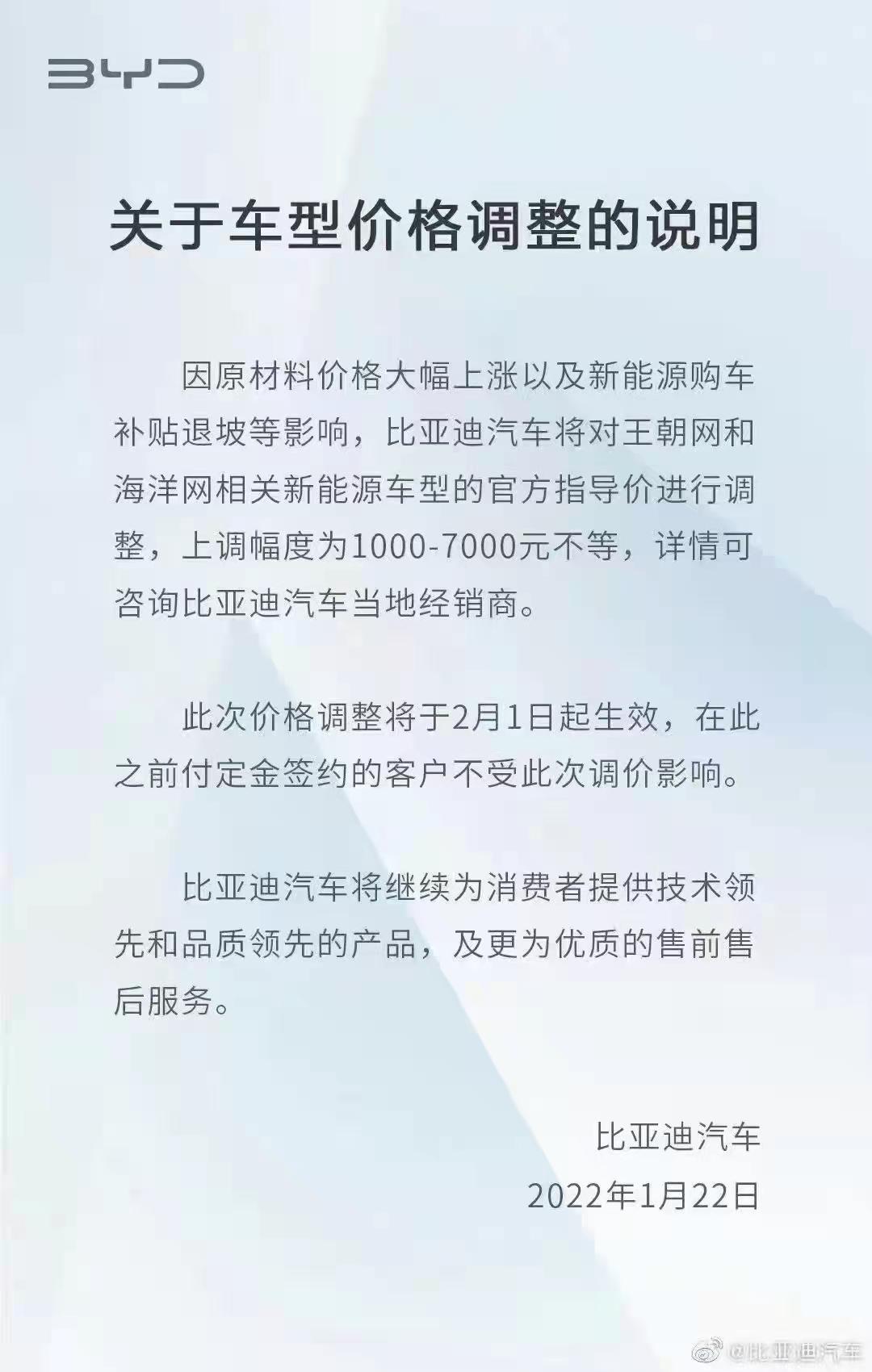 比亚迪秦PLUS DM-i 2022年1.31以后，国家新能源政策减少，现在钱少，我想全款买，比亚迪会加价吗？