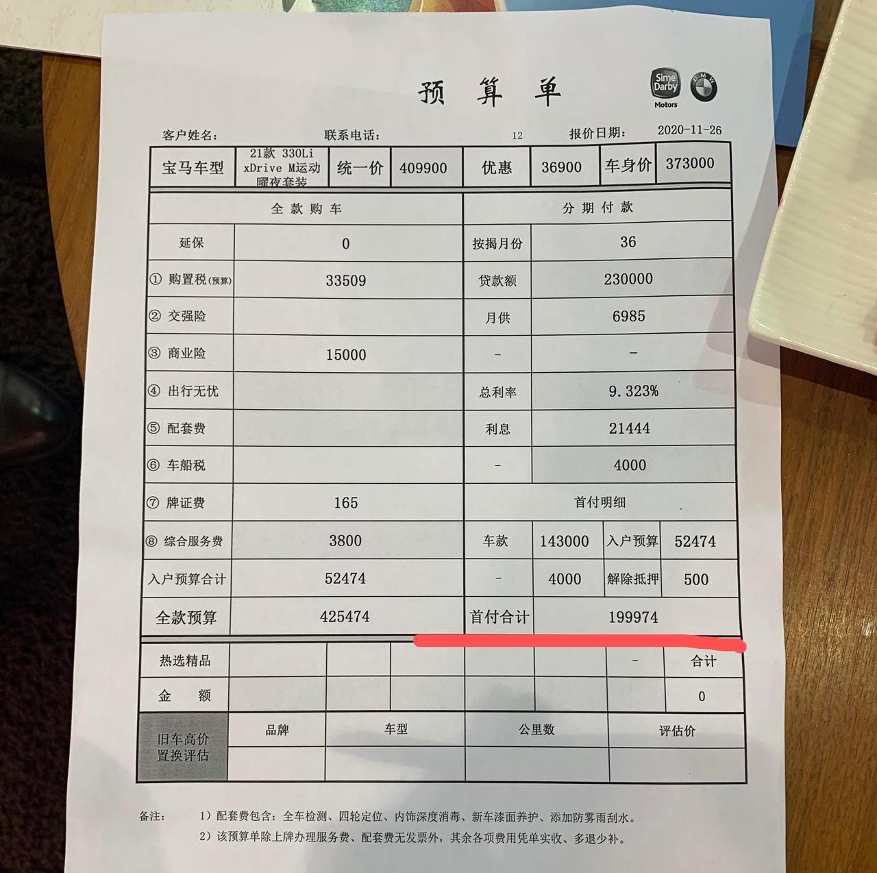 宝马3系 各位330Li首付30%分36期报价和月供多少