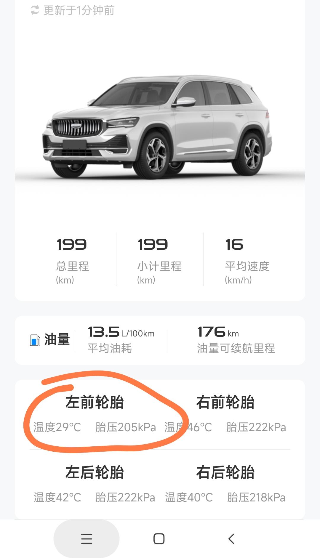 吉利星越L 各位车友，车子在地下车库放着，这个车胎的温度和胎压正常吗？