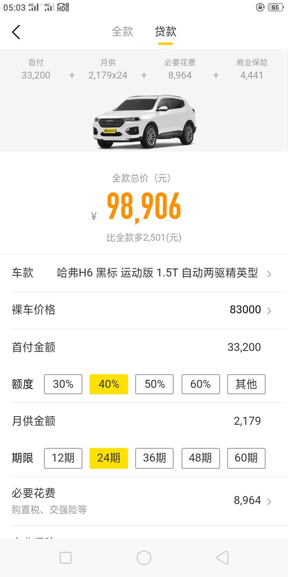哈弗h6-自动二驱黑标按揭买，好几个车友回复大概五万左能拿下！我分24期，懂车帝计算贷款如图对吗？
