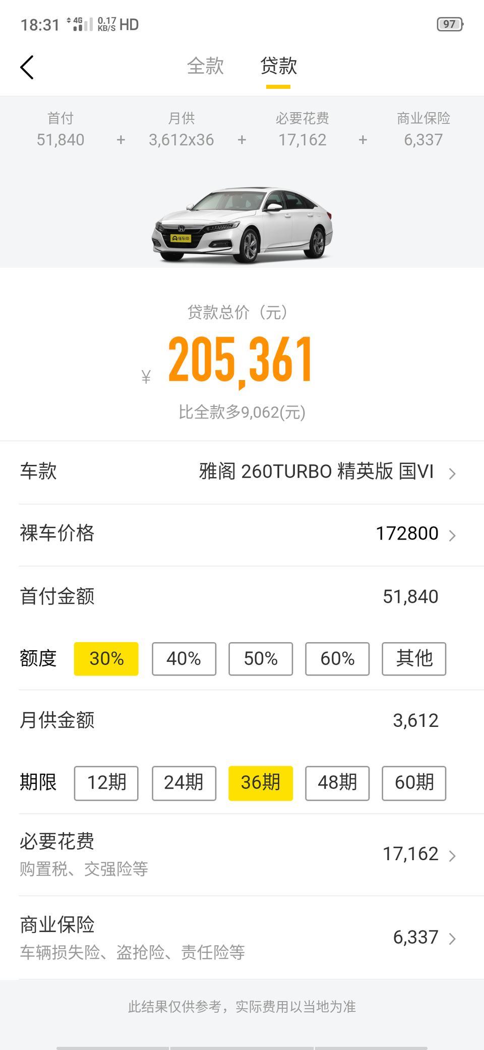 雅阁-万能的车友圈，这个算的跟店里算的一样吗？首付是不是首付金额＋必要花费＋商业保险？