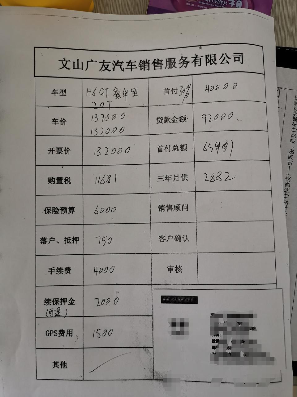 第一次买车，想入手一台，哈弗H6 2.0GDIT 自动GT豪华版，这是商家给的报价，各位大佬，帮忙看看，合理吗？