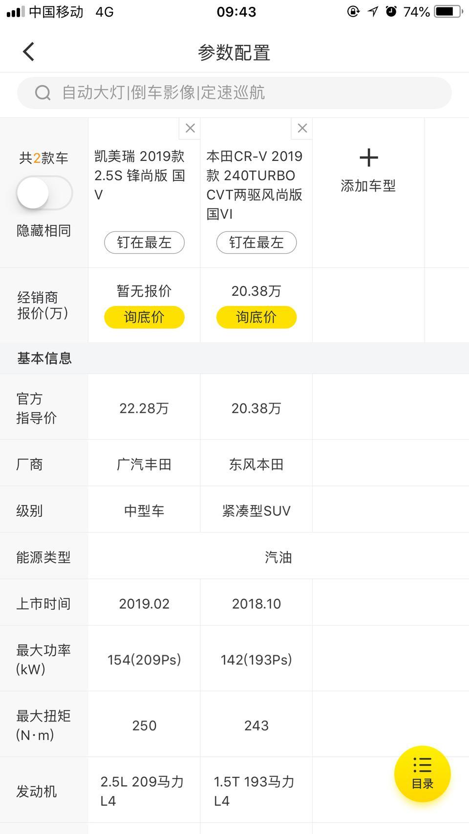 这两款车昨天纠结了一下午，凯美瑞白加黑2.5锋尚版店里也叫运动版22.28万，白加黑双颜色加4000元，优惠8800元送800元油卡和四次保养，裸车价就是217800元，落地差不多250000元，本田CRV203800优惠19000元，赠送行车记录仪，脚蹋，贴膜等，纠结，朋友哪款车更划算？