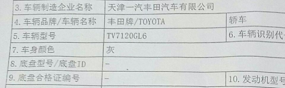请各位帮忙看看丰田卡罗拉合格证上的车辆型号是tv7120gl6但合同上订