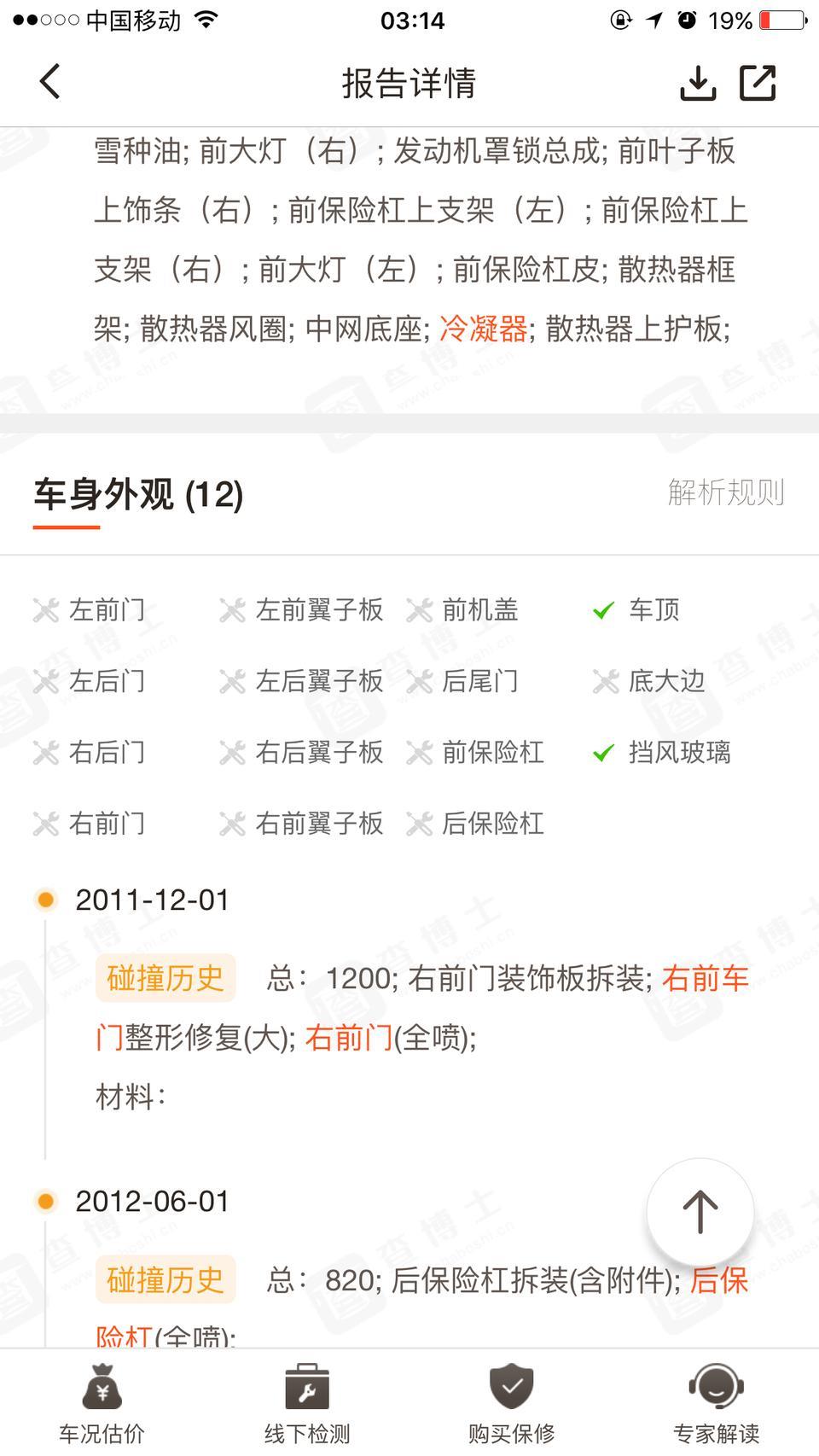 看了个11年2.4雅阁高配 车商开8.8 我拆胶条看出后面追过尾和前面小事故。交了5000定金。成交价格7.9万车子还要整备后保险杠 前保险杠和其他几个部位喷漆 中控显示坏的车商说去修。空调一般般 感觉不是很冻手那种 不过心懂了 由于第一台二手车。想着价格合适可以接受就交了押金。晚上回来家里用查博士查了下心凉了c级评分。这个钱去退应该基本上不可能了 换到满意也砍不了什么价格了。心疼。以下查博士图片。往大神指点下这个车问题大不大  感觉前车主开碰碰车的。应该买嘛 还是砍价。这么大第一次买车要给爸妈骂死。 本