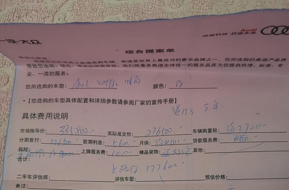 奥迪a4l，老哥们  这报价单怎么样  贷15w  上路17w多送礼包