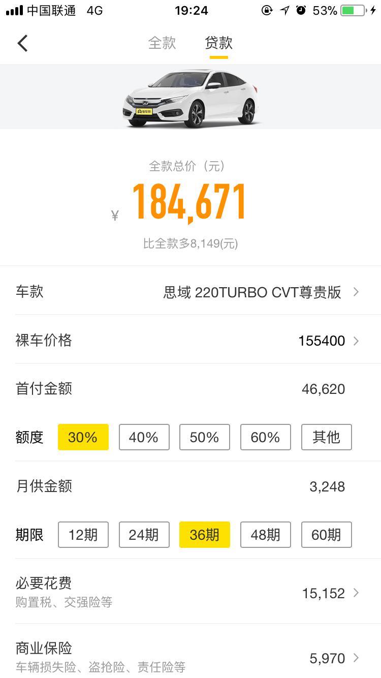 东莞潮州这边思域16款自动尊贵版按揭贷款首付百分之三十，分36期。加上利息大概多少钱合适？打算在今年七八月份入手，七万块够不够首付落地？