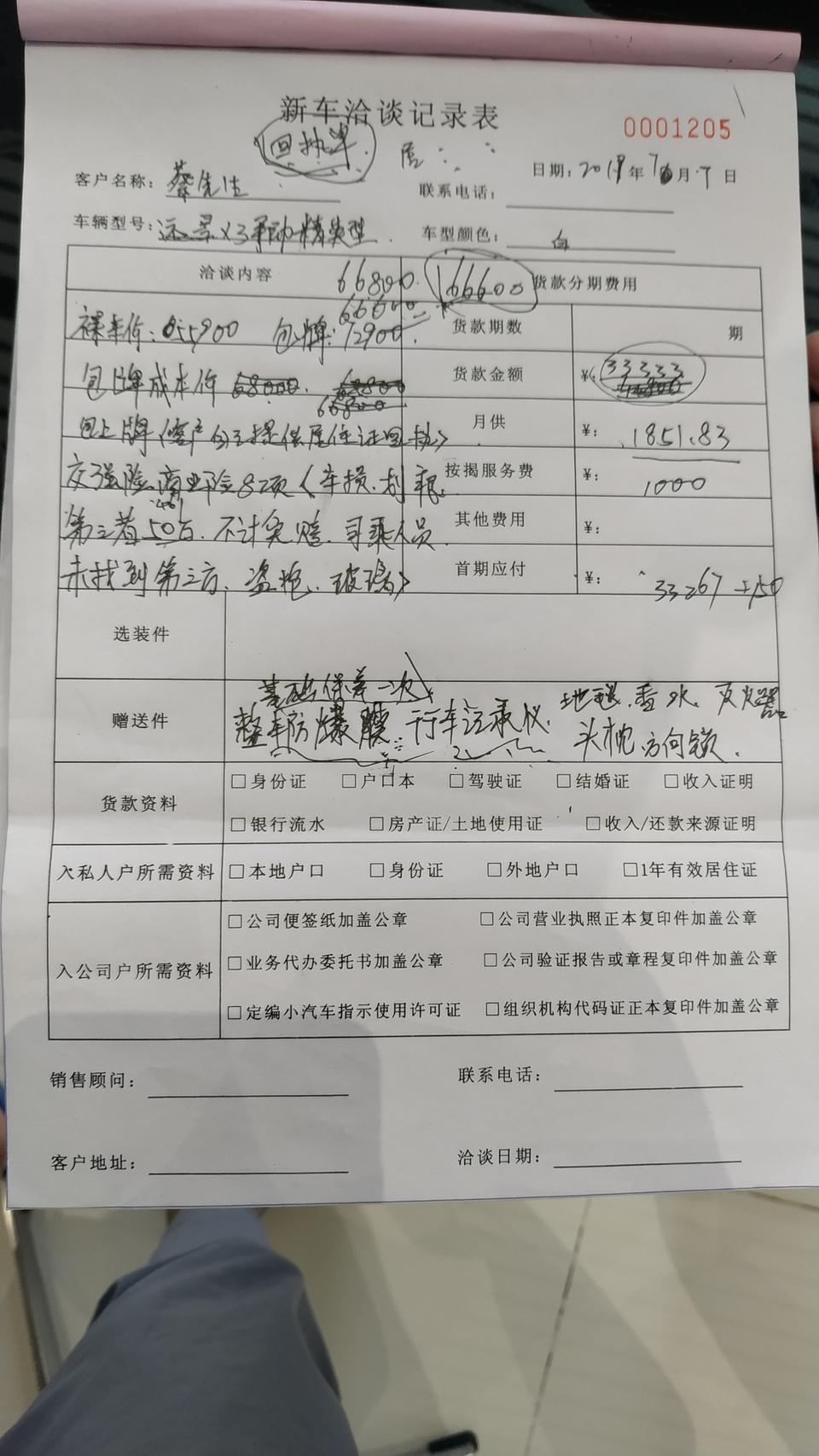 我前几天刚订了远景X3手动精英。裸车价5599，没有优惠。首付50%贷款33300免息分18期，一期1851。保险差不多全保落地66600还需支付150车船税，4s店赠送一次首保一次基础保。一个行车记录仪。整车防爆贴膜。本人第一次购车。不是特别懂。望指点一二。