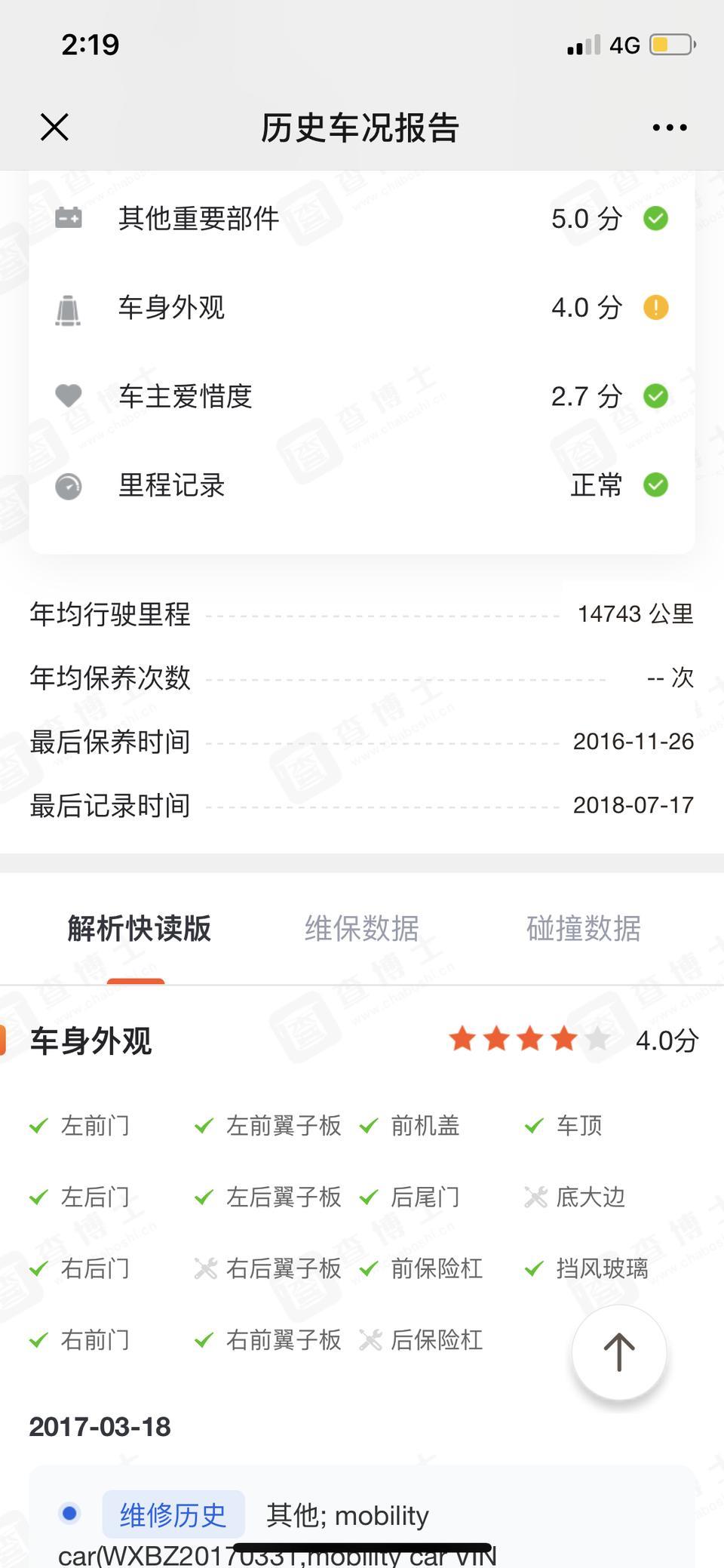 宝马2系-23买了辆15款220i顶配 42.5w的那款 5w公里 车有撞过电线杆  abc柱没问题  换过前机盖 送改装一万多的遥控排气  因为是私家车的感觉价格还可以  请大家帮我看下 这个能不能认定为事故车查博士记录已经上传