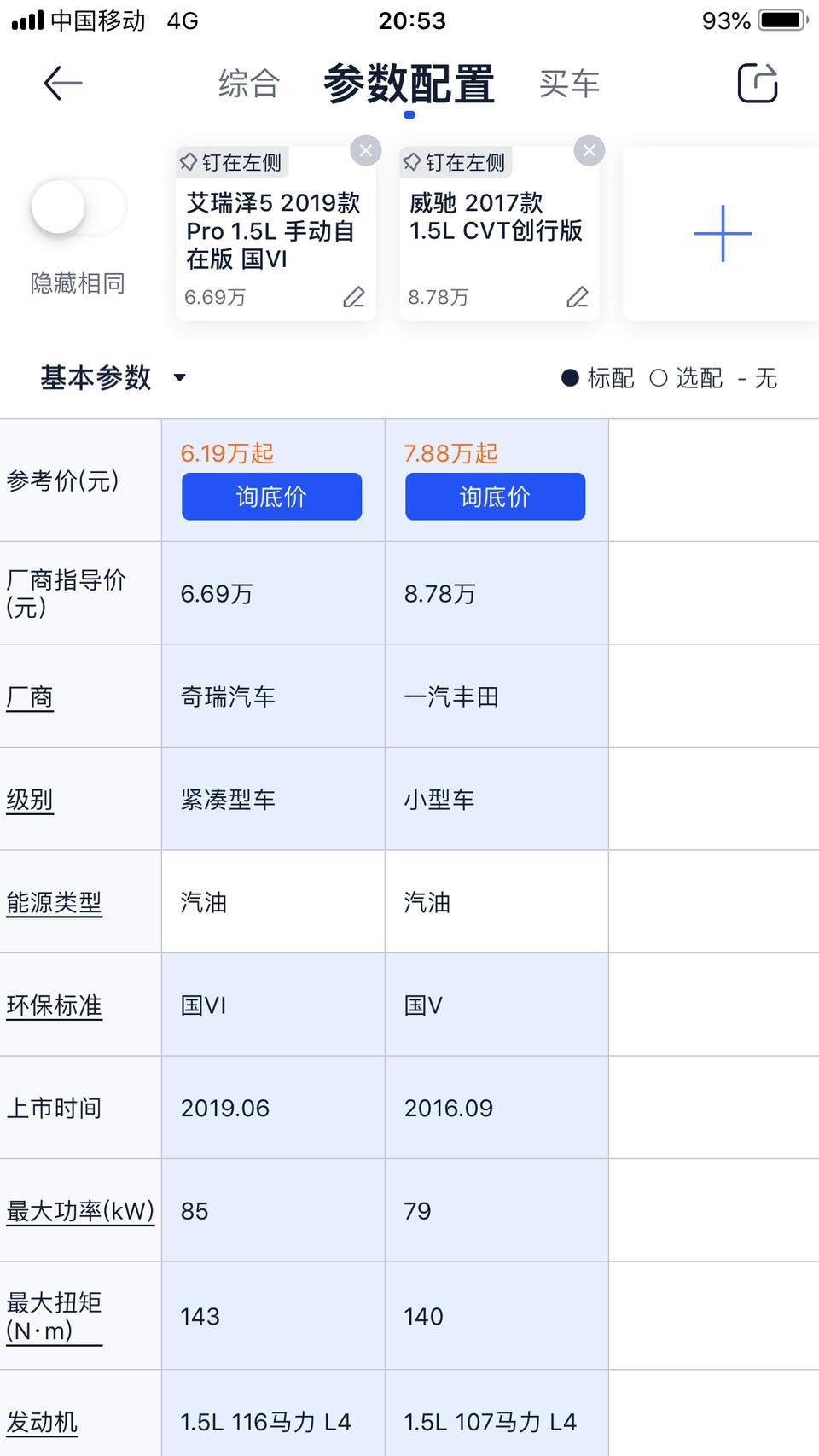 各位车友们晚上好：年底准备买车，只有几万块的预算，现在就下图两款车在艾瑞泽5手动自在版和威驰创行版之间犹豫徘徊。威驰省油耐用，艾瑞泽安全，配置高，不考虑保值，家用哪一款更合适？谢谢