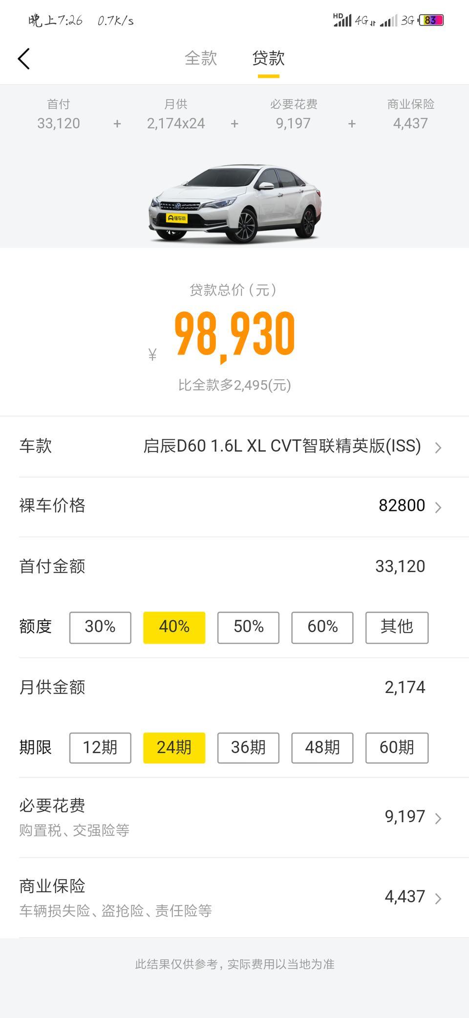 启辰d60-按照这个价格落地首付要多少钱？月供多少钱？