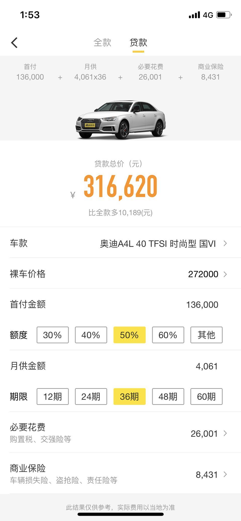 奥迪a4l-懂车帝上面写的贷款是怎么算的，是裸车的百分之30，再加上必要花费一起算嘛，比如说车90块钱，百分之30，就是30块钱，必要花费10块钱，是不是就是说需要花40块钱，才可以提车？