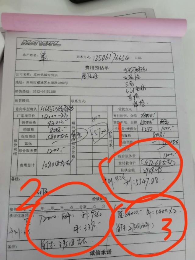 本人想买一辆2018款哈弗H6自动精英型，去了4S店价格，请大虾看看是否合理？还要再如何砍价？打算分期付款，手里只有4万块钱。裸车价93000，税8018，保险5800，上牌加检测1200，续保费1000（第二年交了保险可退），手续费5%。目前比较倾向两种方案，第一种是首付三成，要付47000左右，两年还清，月供2940，总利息5500左右。第二种是贷款50000-70000一年还清免息，打算贷款6万，不够的部分拿信用卡刷，再还利息。请问他收费是否合理，哪种比较划算？哪个颜色好看点？打算买红标！