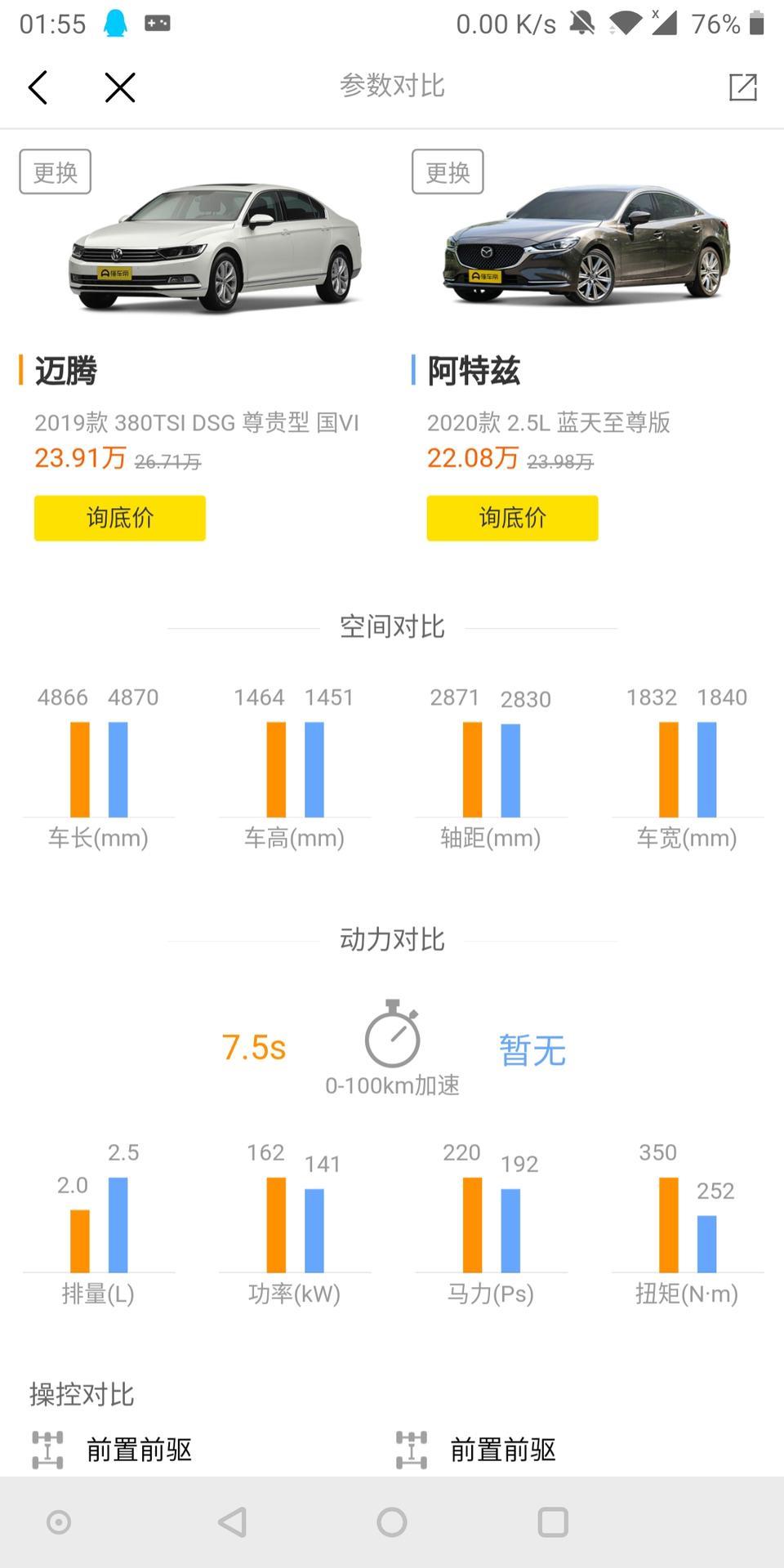 B级家用全新阿特兹2.5顶配和迈腾380尊贵型怎么选？
阿特兹外观年轻时尚，我比较喜欢；然而父母比较喜欢迈腾的沉稳大气
（PS：家里佛系用车，对动力，操控等没有太大要求。平时也就一家三口，空间够用就好，还是把颜值放第一?）