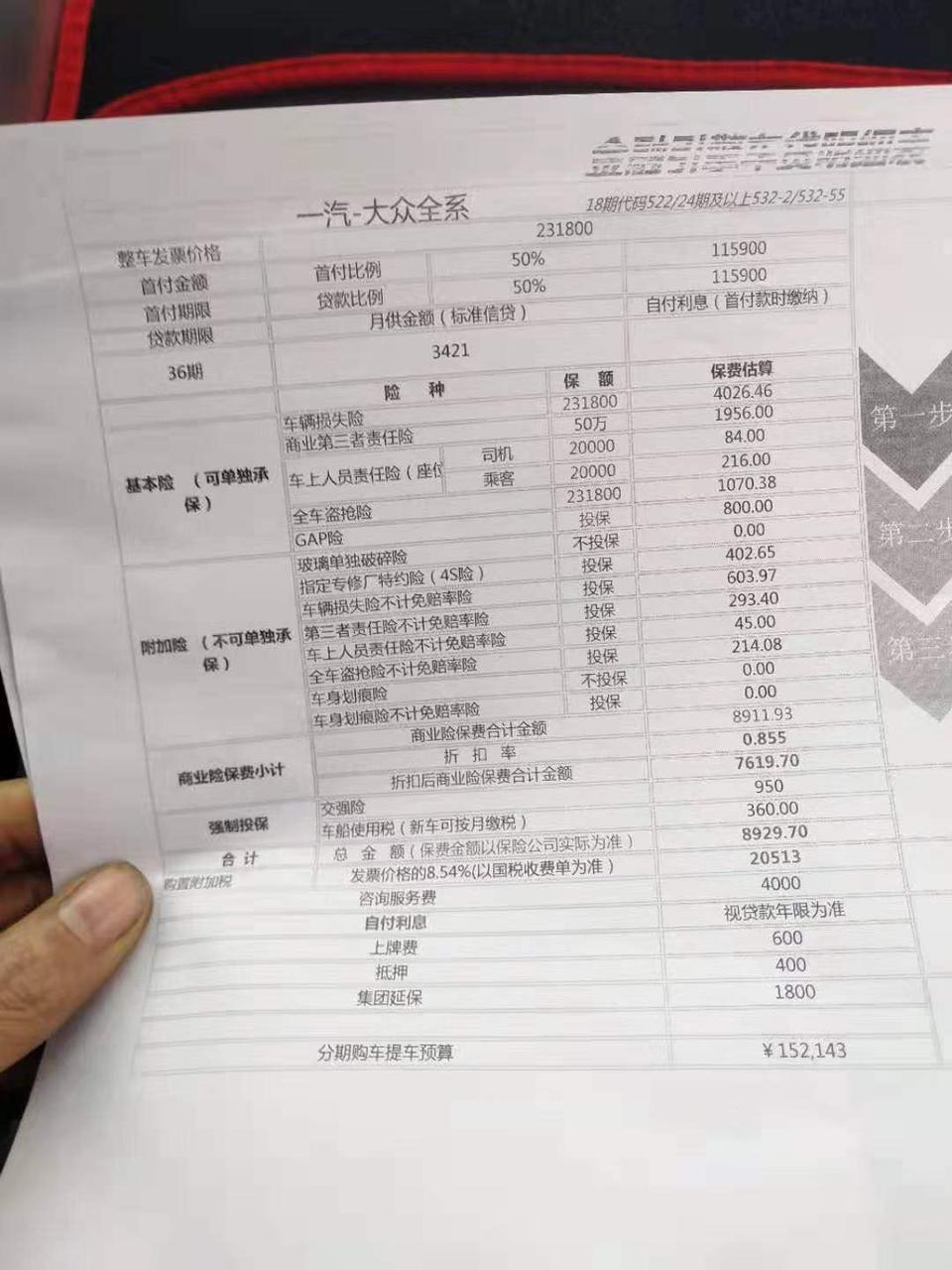 一汽大众CC330魅颜版，张家界给出的金融贷款明细表和报价。有过购车经验的CC车主们，劳烦给点意见和看法！在此多谢?
