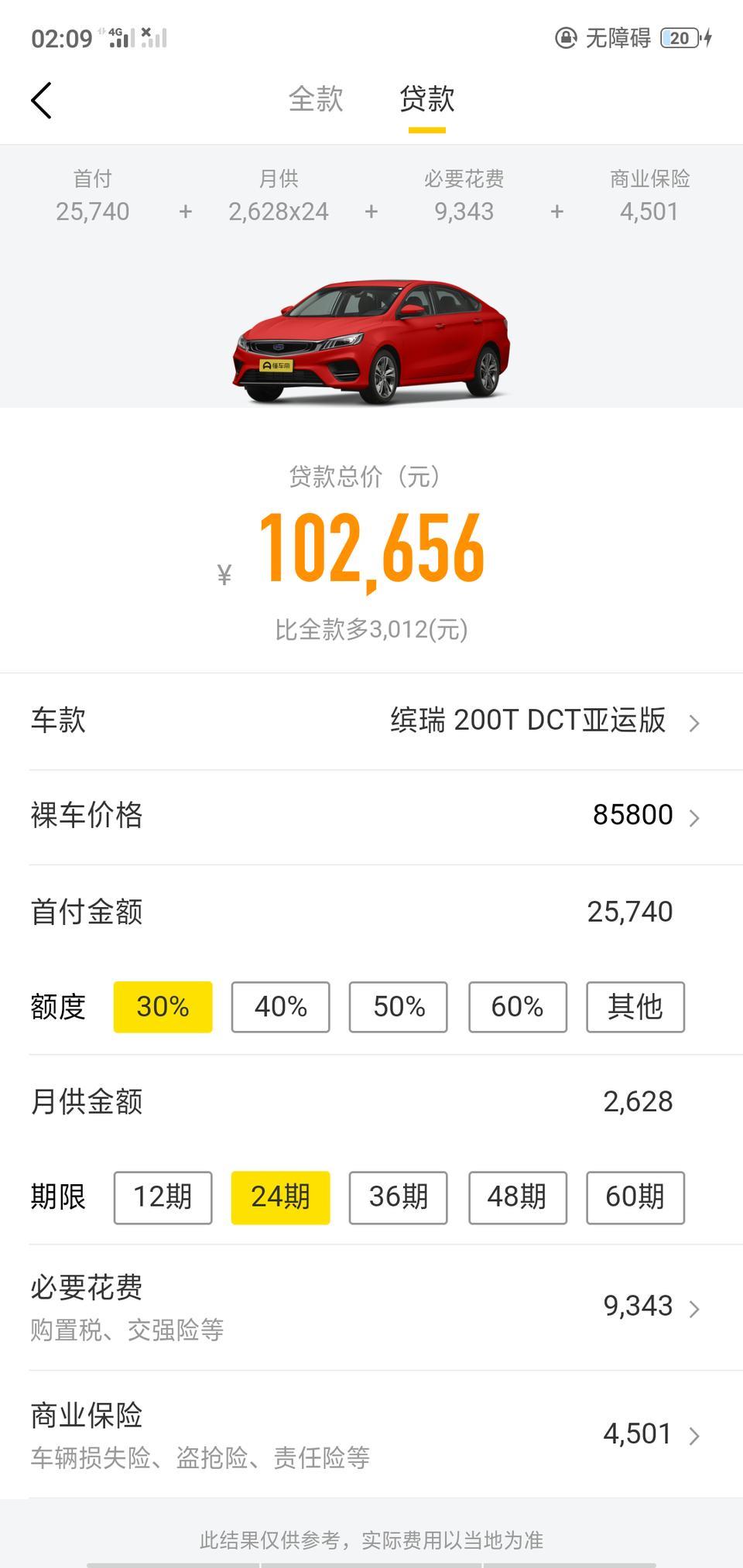 缤瑞亚运版首付百分之30是多少？分两年每月还多少？
