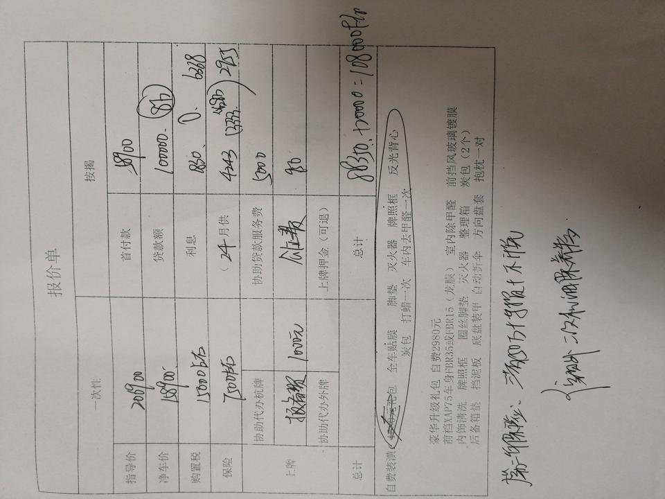 迈锐宝xl-今天到店看车，分别是1.3t和2.0t的版本，都加已经加装了倒车影像，太阳膜，记录仪，后视镜电动折叠，除甲醛，led大灯，售价有提高，优惠也分别是38000和48000。广大车友们如何选择？咨询了2.0t版本的，贷款8w免息车总价180800。外送两次机油保养，两年保险（第三者，不计免，车损），这样划算否？