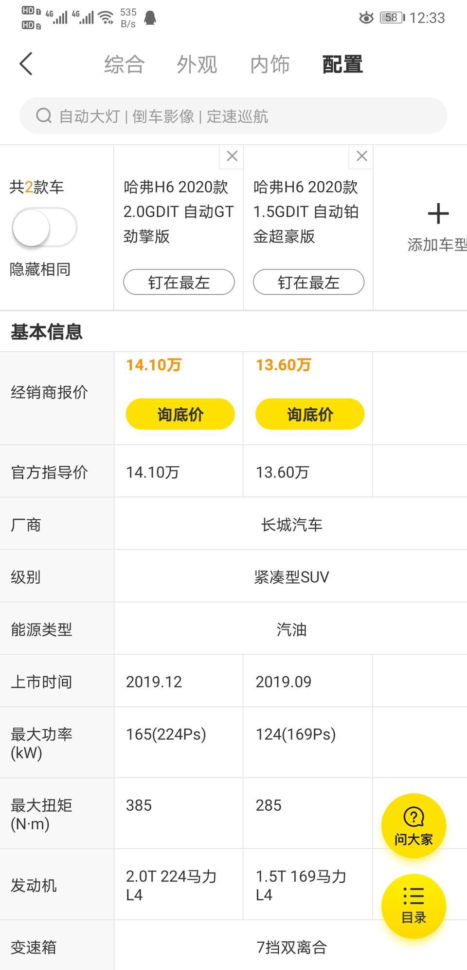 哈弗h6-哈佛H6  1.5t自动铂金超豪版和2.0t自动GT劲擎版  选哪个好一点一直在这两个犹豫