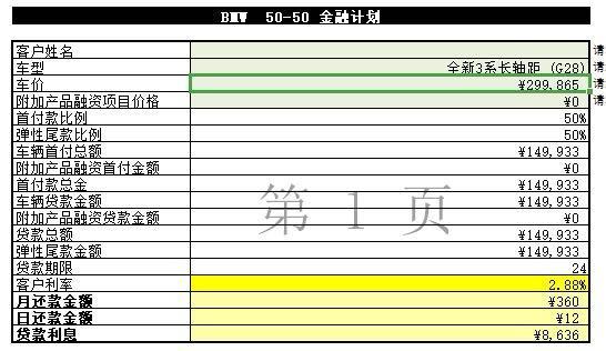 宝马3系-疫情期间给的价格 目前有车开 不是很着急 想问问大家**月份买的话 还有多少空间能降 再帮我看看有哪部分费用可以往下砍 打算贷款买 他是按50%给我算的 首付70%也可以接受 大家看看怎么付比较划算 能省多少钱（请教一下懂行的大哥）中期改卷的a4l也在考虑范围之内

325liM运动

白外摩卡内饰的 带5000的冬季套装 指导价：346900+5000，优惠完是299865，购置税：26537，保险：13000，装饰：13800，验车费：3000，金融手续费：4498，首付合计：210768
