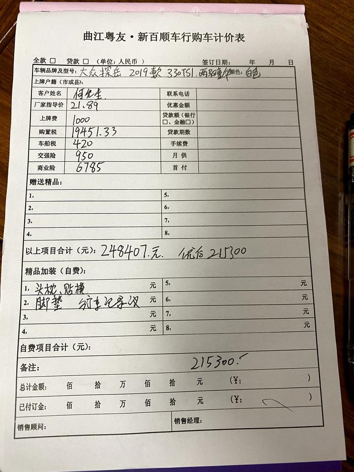 探岳-各位朋友，我昨天试驾了1.4t的豪华，试驾的时候直接地板油，延迟大概1-2秒推背感就来了，因为试驾路段直线较少，没有体验到100以上是否还有推背感？求各位告知一下


4儿子店给我落地价20.3万（第一张），我连价格都懒得去谈了，后面就去了车行，直接谈2.0豪华价格是21.5万（第二张）如果1.4和2.0相差两万的前提，有没有必要放弃1.4提2.0。还有就是我跑工地的，到底应不应该省那点钱提动力小点的