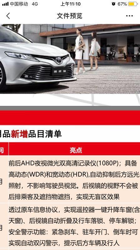 坐标：四川成都
车型：2019款凯美瑞2.0豪华
落地价：21.8
赠送：全车膜、脚垫、下护板、底盘护甲、行车记录仪、流媒体（图中亮点一）、多功能辅助警示系统（图中亮点二）
可还行？能下手吗？