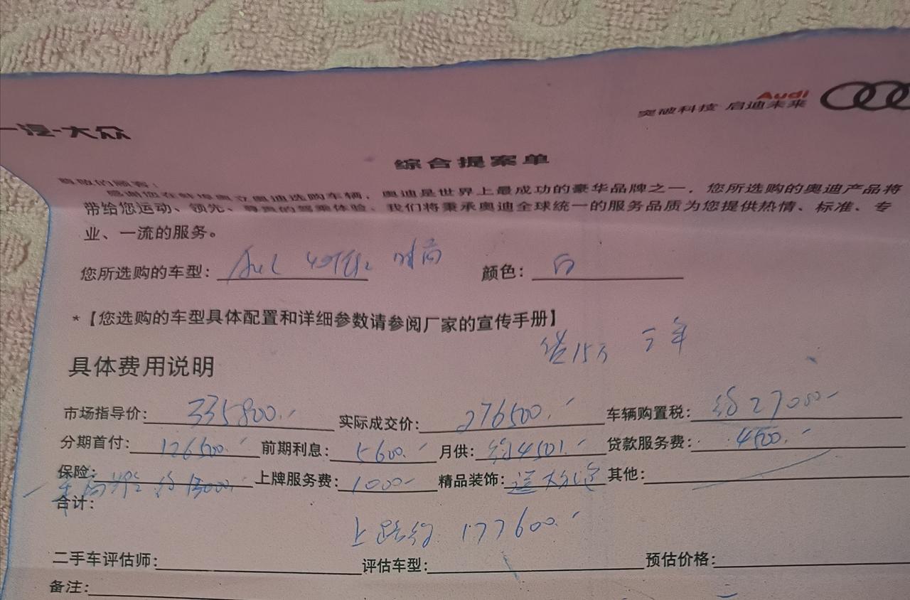 奥迪A4L 老哥们  这报价单怎么样  贷15w  上路17w多送礼包