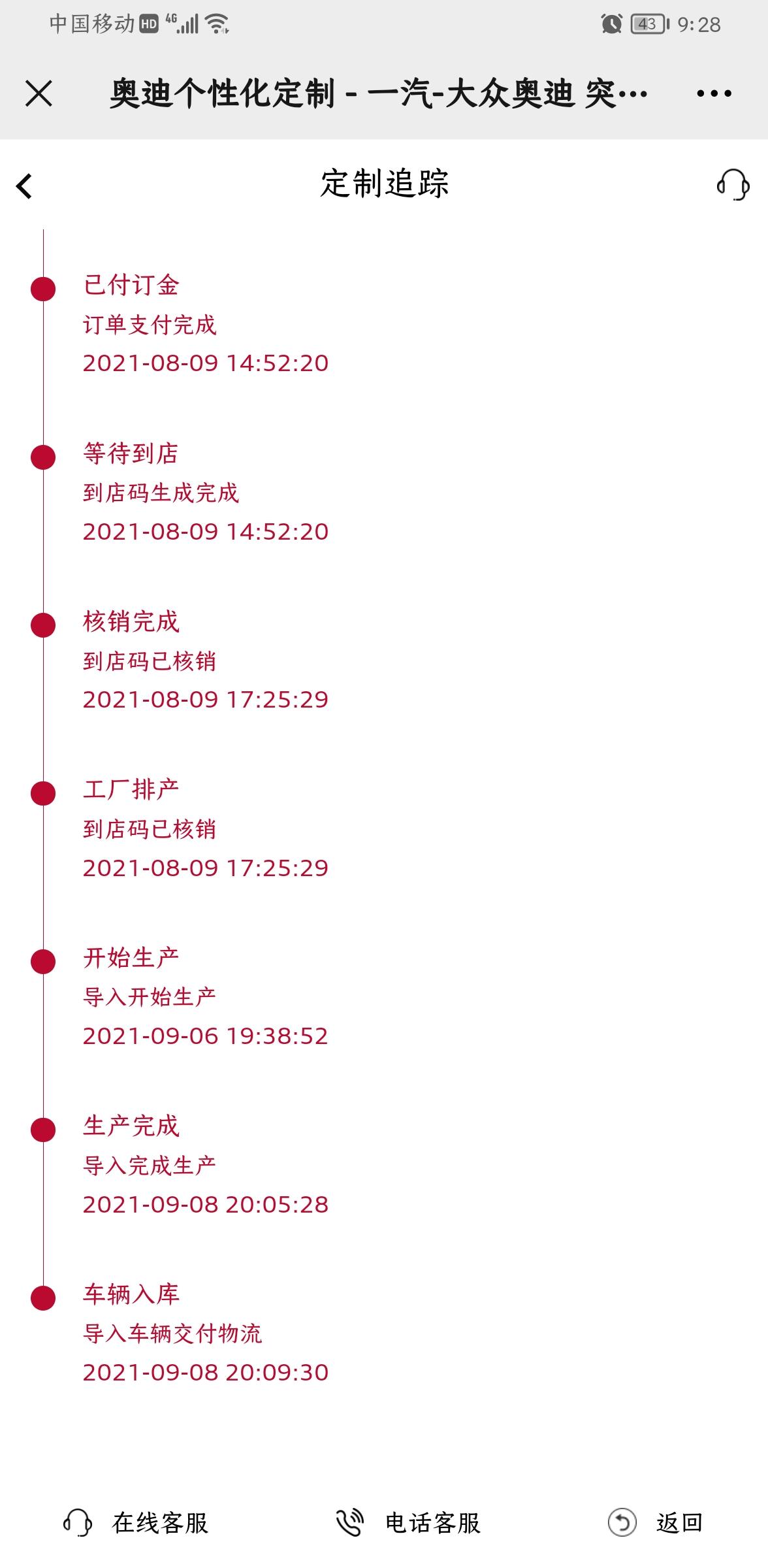 奥迪A4L 9月8日车辆交付物流了，到现在还没运输，大概需要多久啊？？